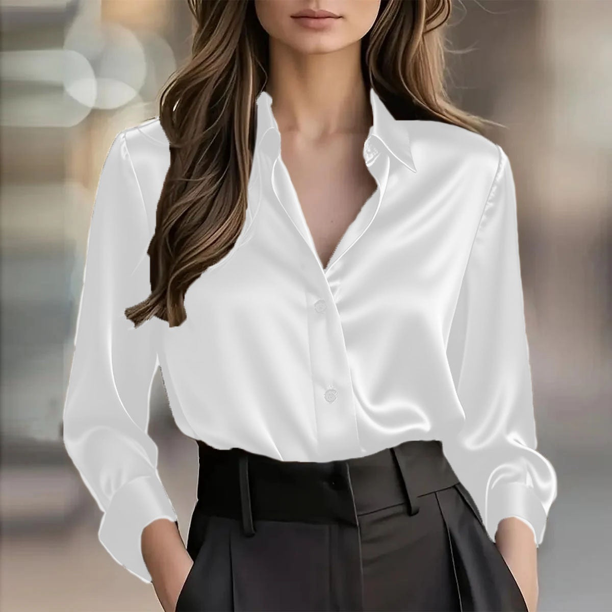 Elegant Satin Long Sleeve Blouse For Women Button-Up Collar Shirt Perfect For Casual Professional Business Work Wear Women's Clothing - Shop NCLC