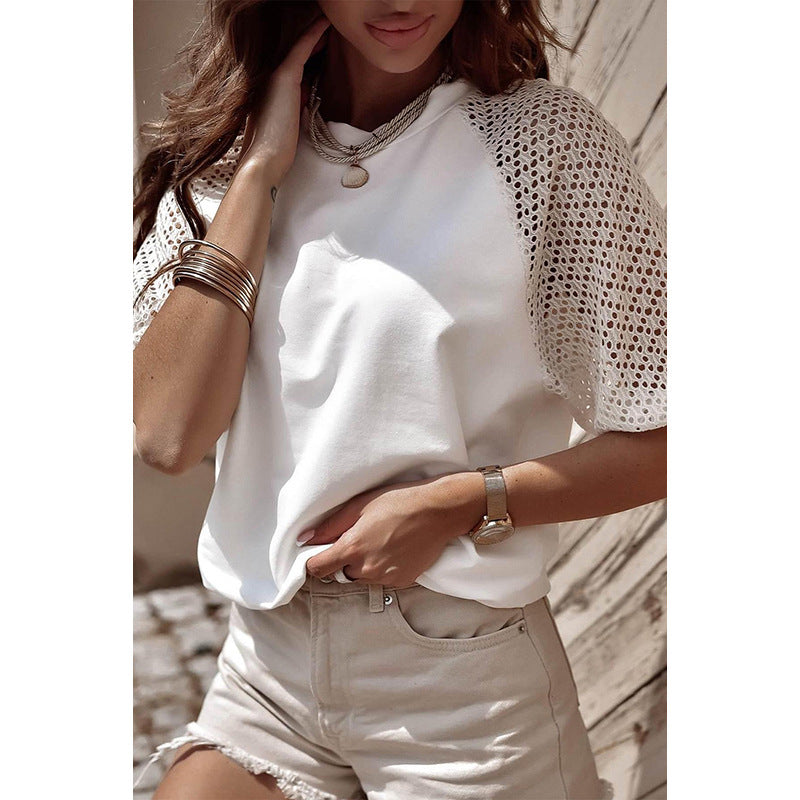 Women's Solid Color Casual Style Lace Stitching Loose Short Sleeve - Shop NCLC