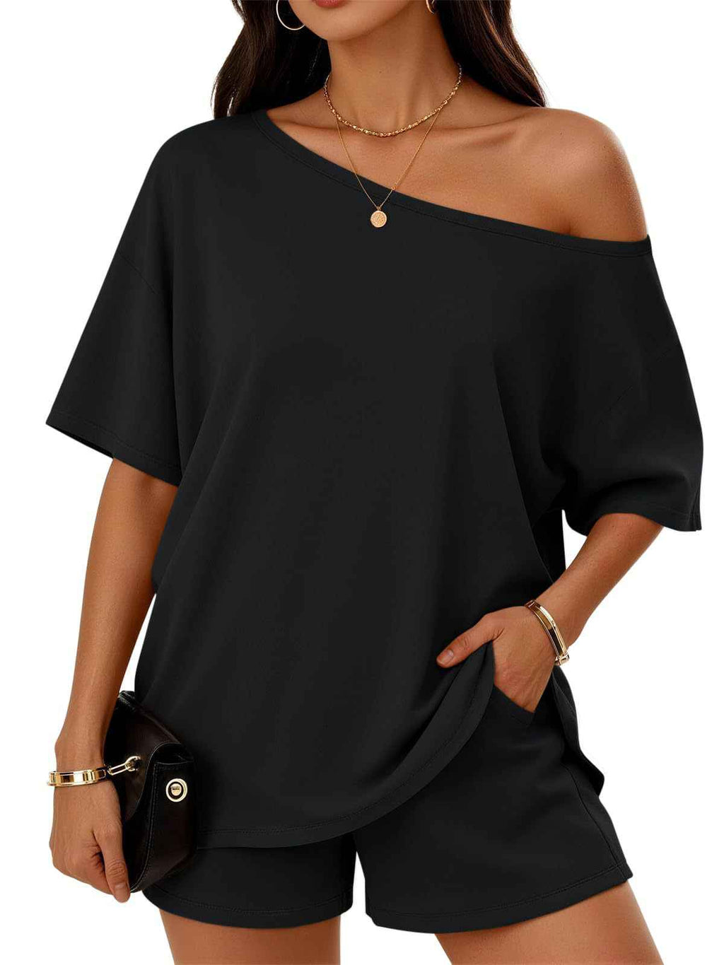 Womens 2-piece Fashionable Casual Set Off The Shoulder Top And Shorts  For Loungewear Daily Wear Work Gym Outfit
