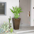 Set Of 3 Tall Planters, 28" Outdoor Planter W/ Drainage Holes, Faux Wood Plastic Flower Pots, Brown