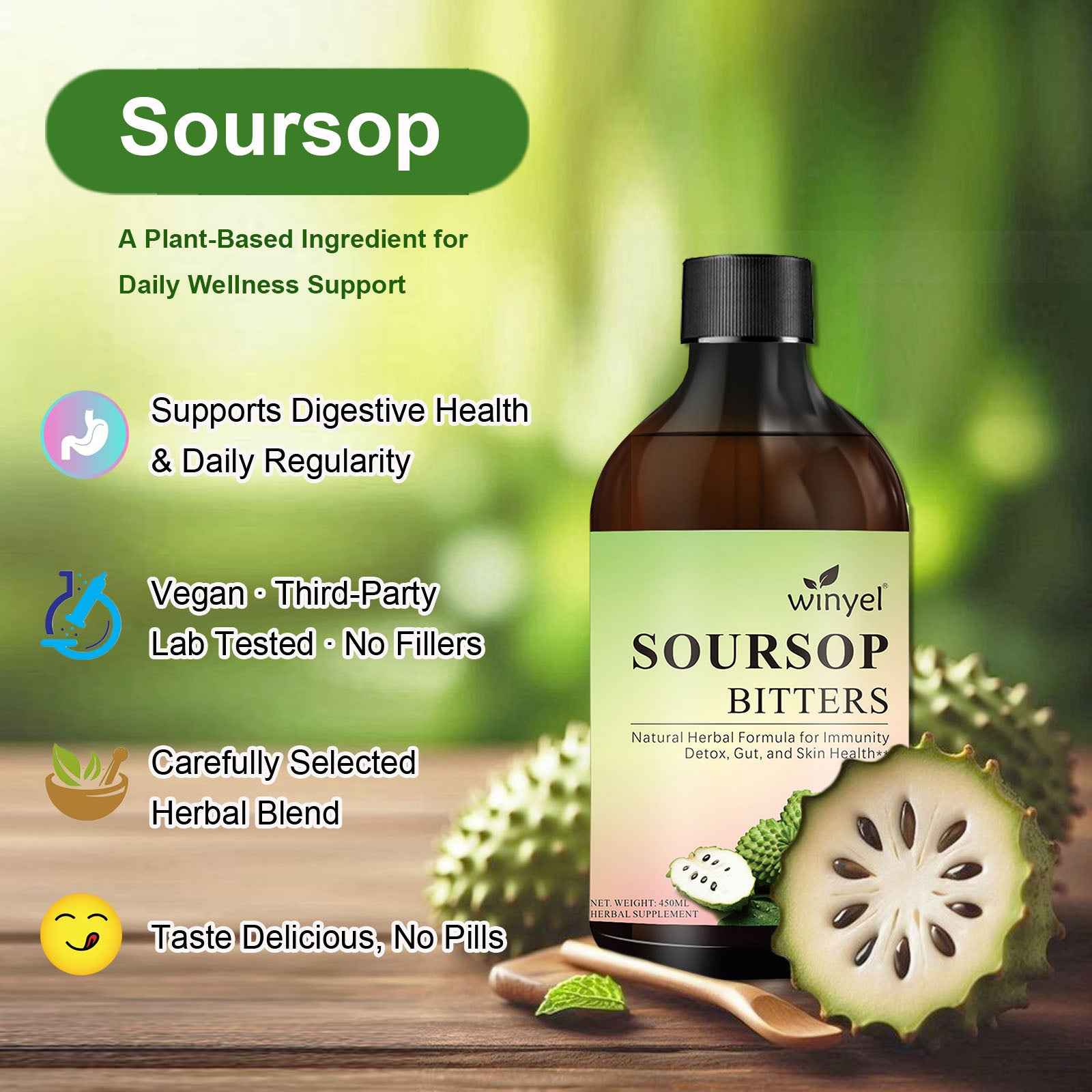 Soursop Liquid Contains Black Seeds, Moringa, And Turmeric, And Is Beneficial For Digestion And Gut Health, As Well As Providing Antioxidants, Skin Health, And Immune Support. It's A Pure 16-herb Form (450ml-15oz)