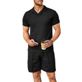 2pcs Set Men V Neck Polo Shirt Lapel Short Sleeve Men's Suit Waffle Style Casual Fashion T-Shirt Summer - Shop NCLC