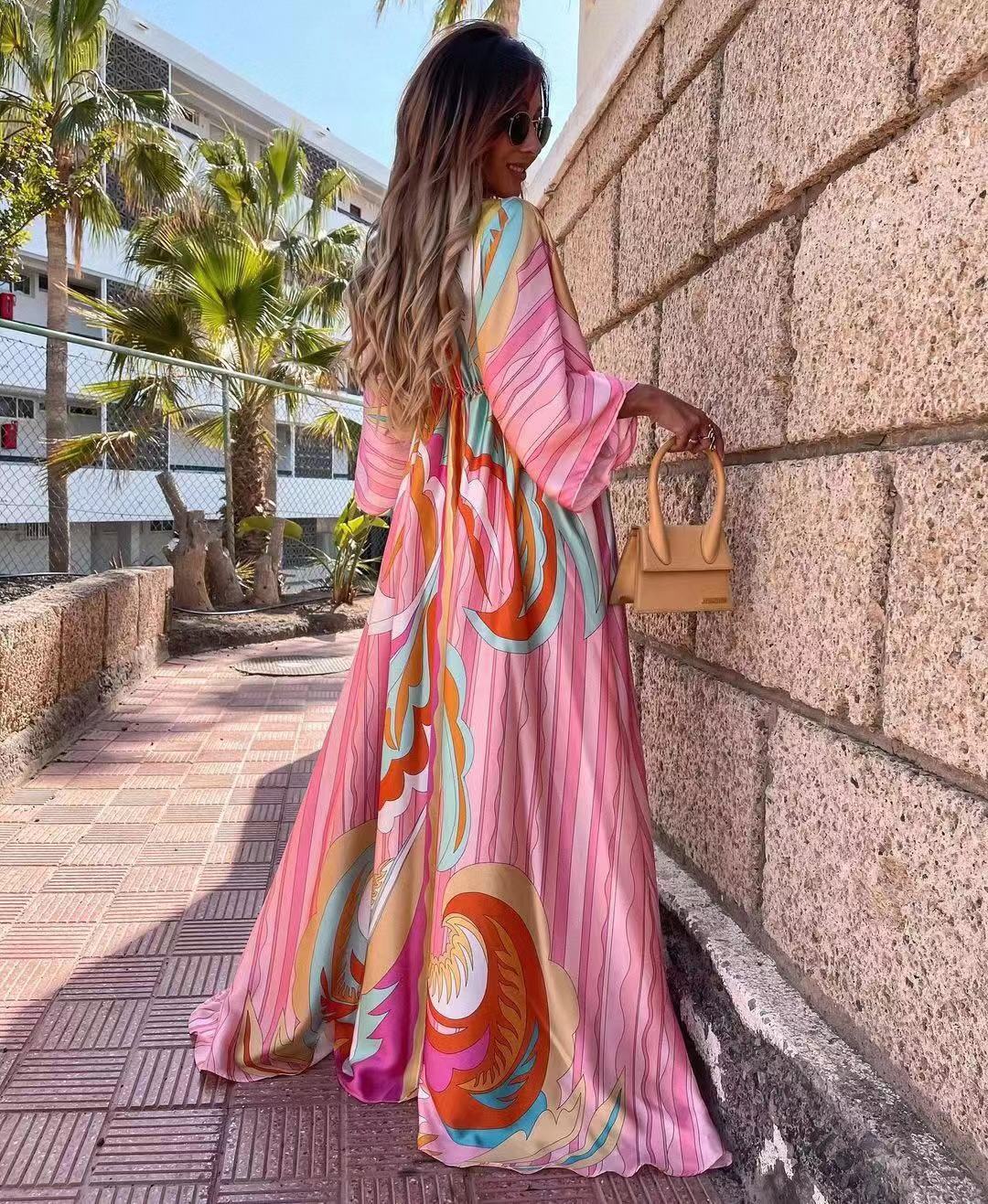 New women's V-neck short sleeve printed long dress - Shop NCLC
