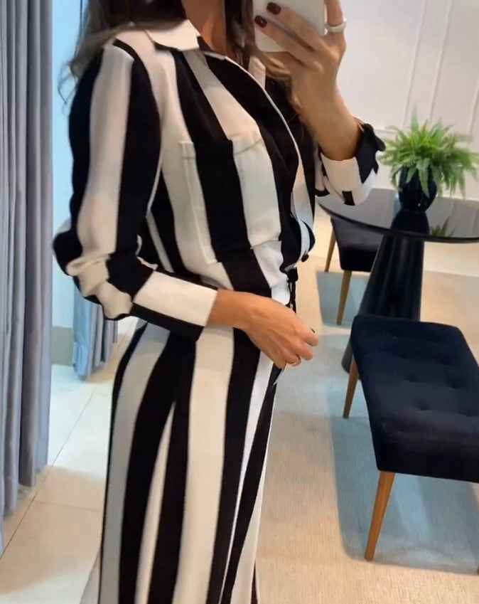 Women's Fashion Striped Pocket Design Shirt Wide Leg Pants Suit