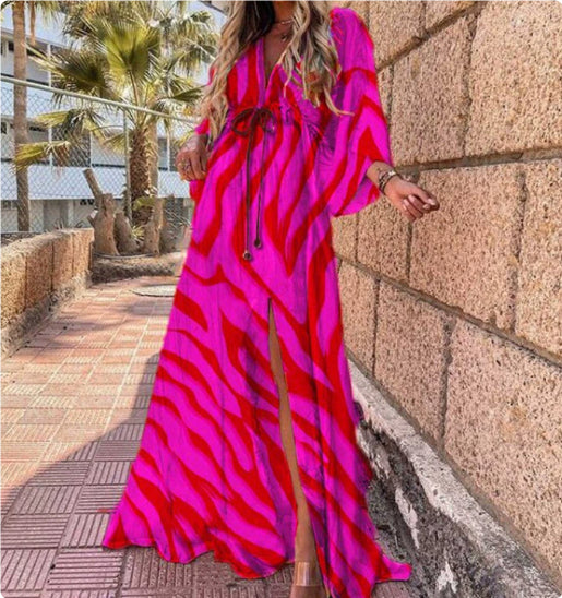 New women's V-neck short sleeve printed long dress - Shop NCLC
