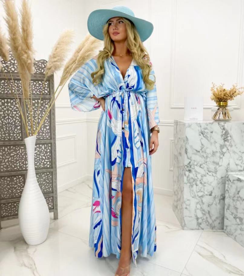 New women's V-neck short sleeve printed long dress - Shop NCLC