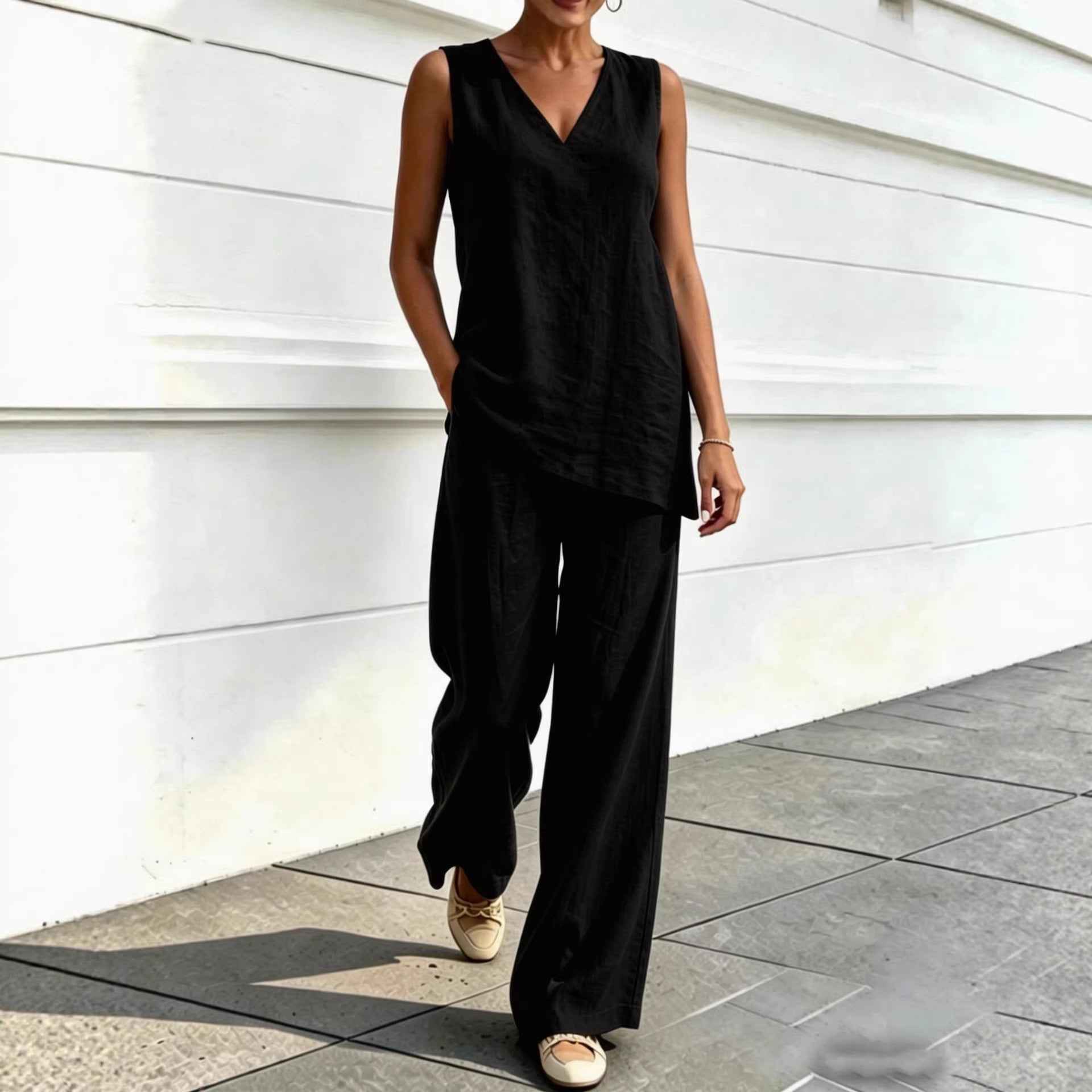 Womens V-neck Sleeveless Cotton-Linen Top And Wide-Leg Pants Set