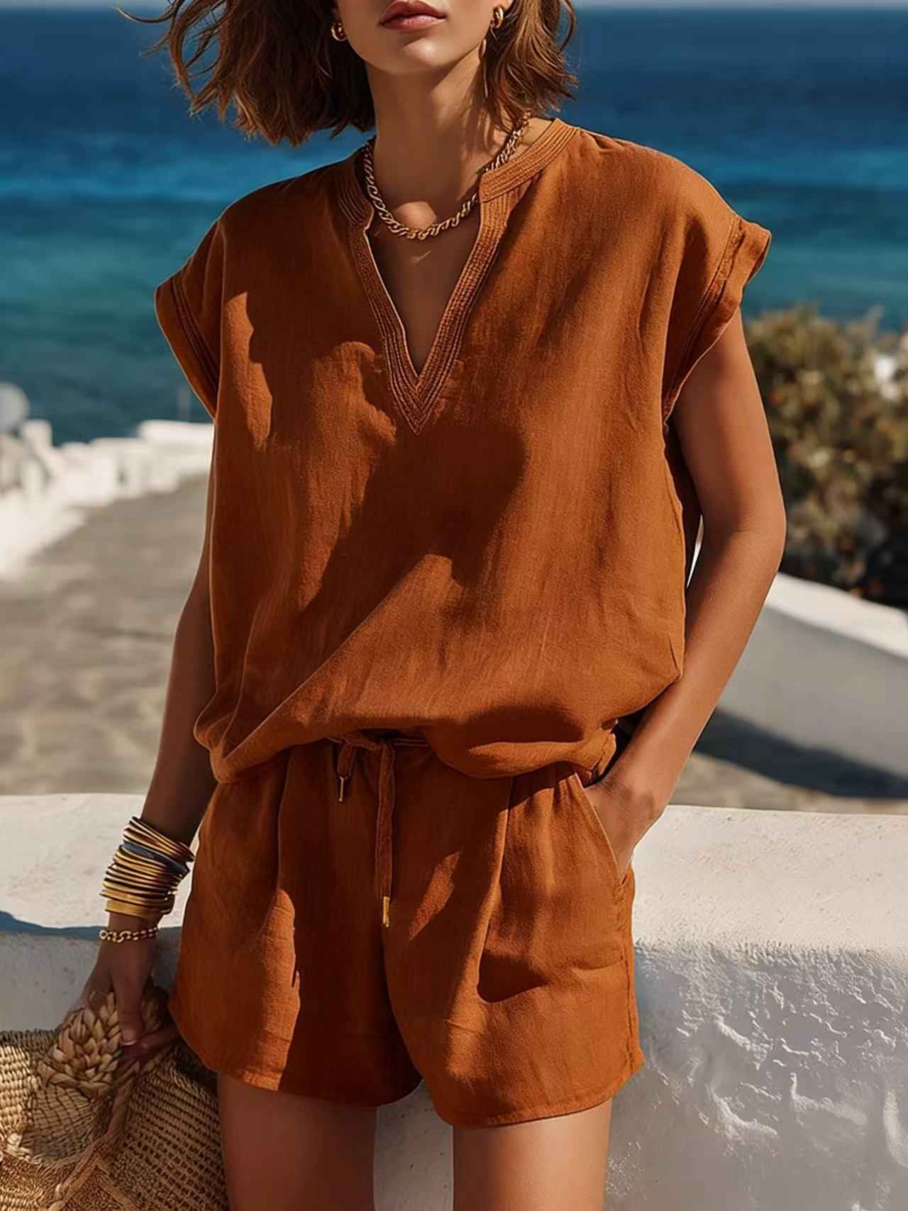 Women's Casual Resort-style Top And Shorts Set
