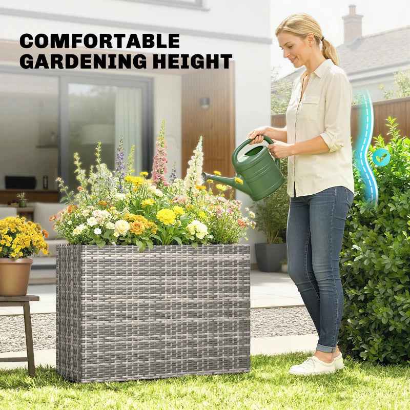 Tall Rectangular Planter With Removable Liner, Holes, PE Wicker Large Planter Box For Indoor Outdoor Plants, Gray