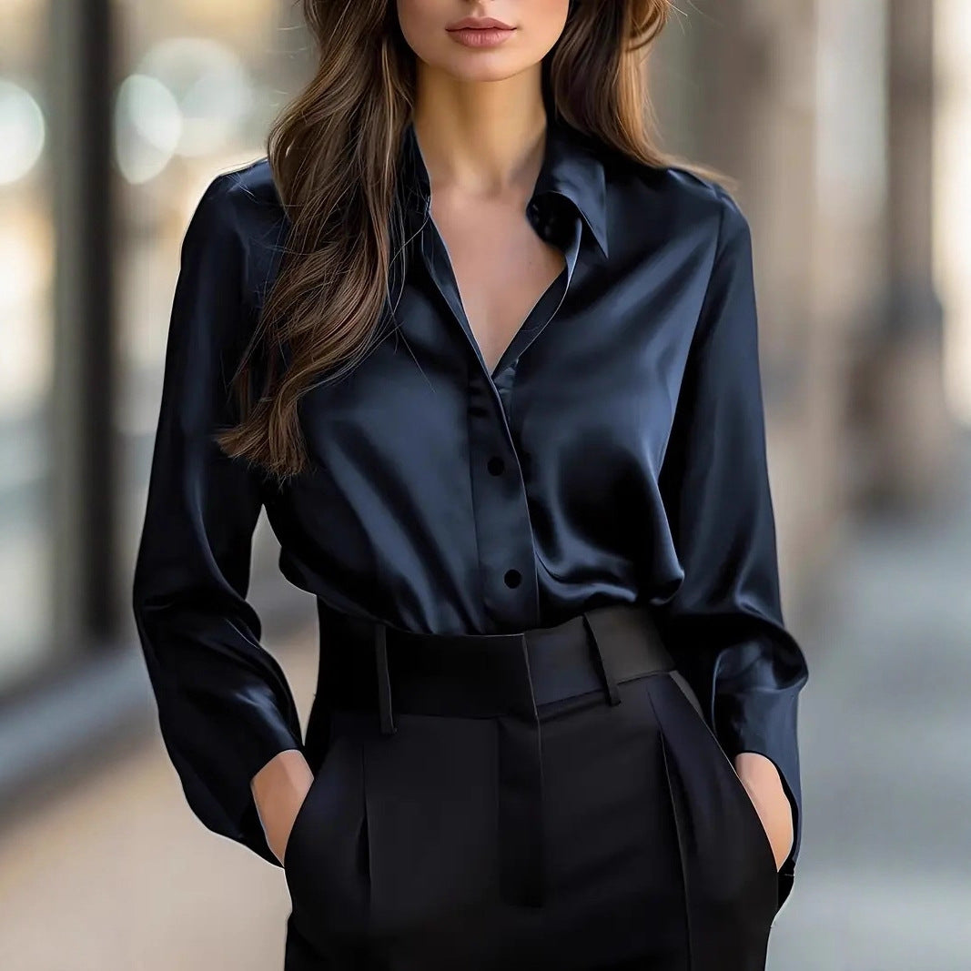 Elegant Satin Long Sleeve Blouse For Women Button-Up Collar Shirt Perfect For Casual Professional Business Work Wear Women's Clothing - Shop NCLC
