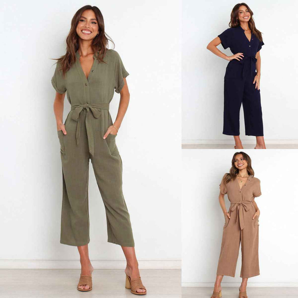 V-neck Cropped Wide-leg Jumpsuit For Women