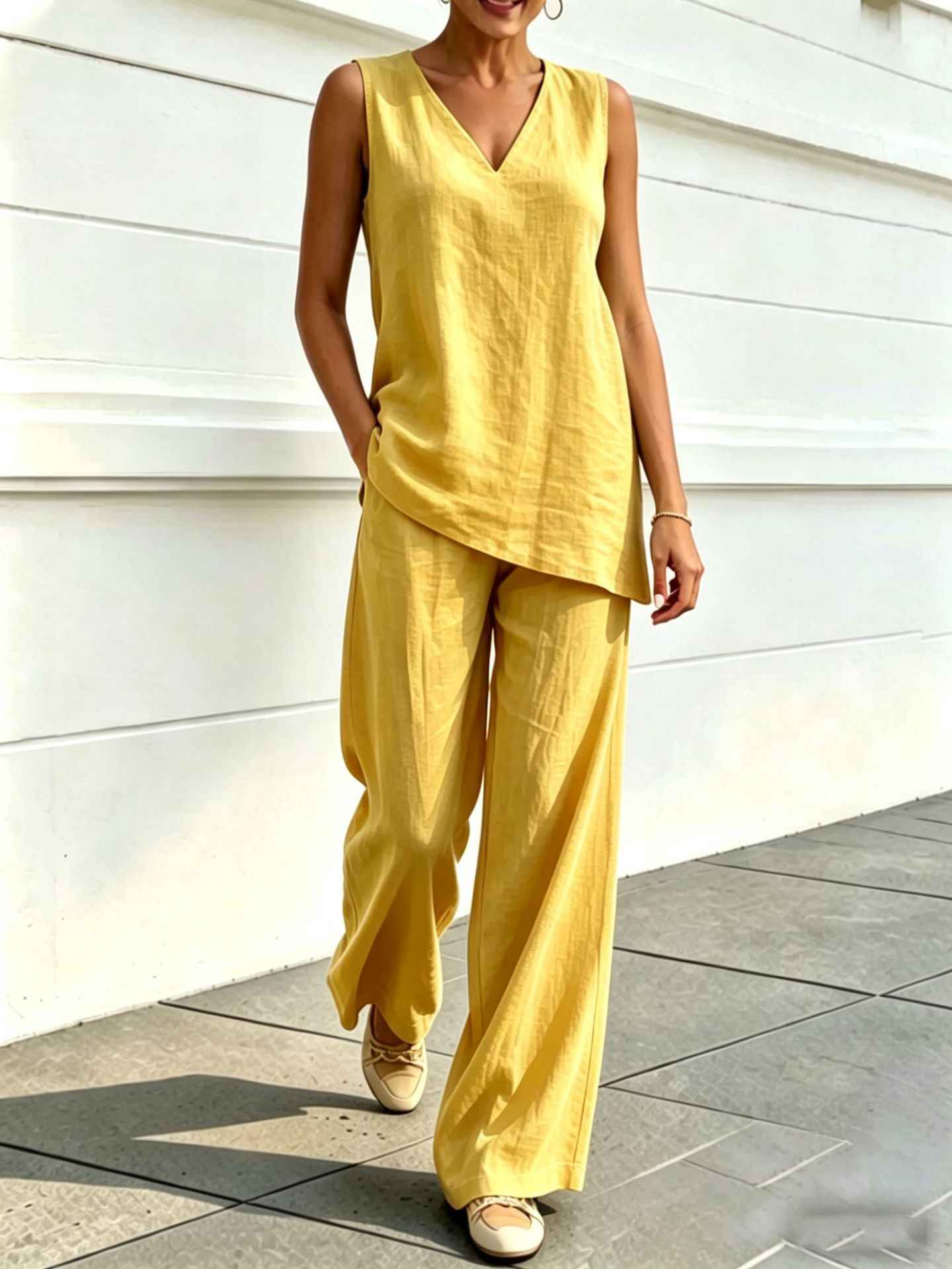 Womens V-neck Sleeveless Cotton-Linen Top And Wide-Leg Pants Set