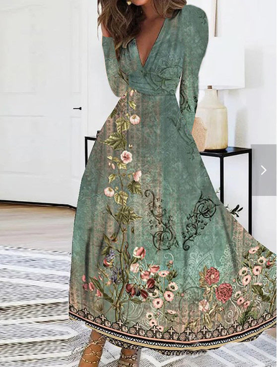 Fall V-neck Long Sleeve Printed Women Dress Women - Shop NCLC