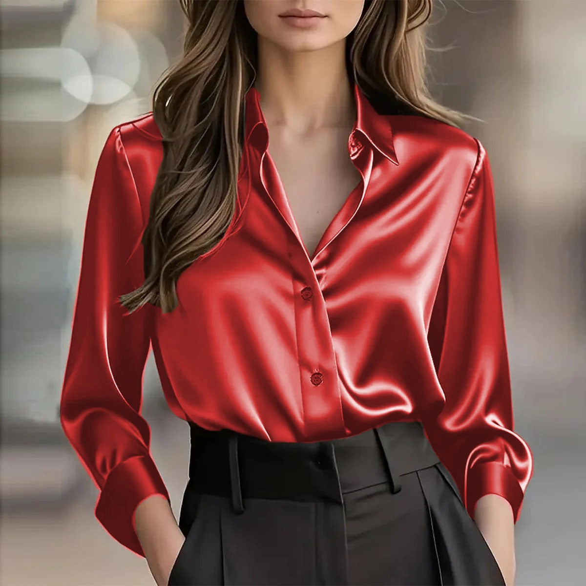 Elegant Satin Long Sleeve Blouse For Women Button-Up Collar Shirt Perfect For Casual Professional Business Work Wear Women's Clothing - Shop NCLC