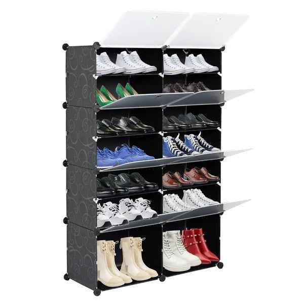7-Tier Portable 28 Pair Shoe Rack Organizer 14 Grids Tower Shelf Storage Cabinet Stand Expandable For Heels, Boots, Slippers, Black RT