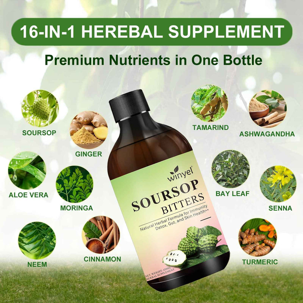 Soursop Liquid Contains Black Seeds, Moringa, And Turmeric, And Is Beneficial For Digestion And Gut Health, As Well As Providing Antioxidants, Skin Health, And Immune Support. It's A Pure 16-herb Form (450ml-15oz)