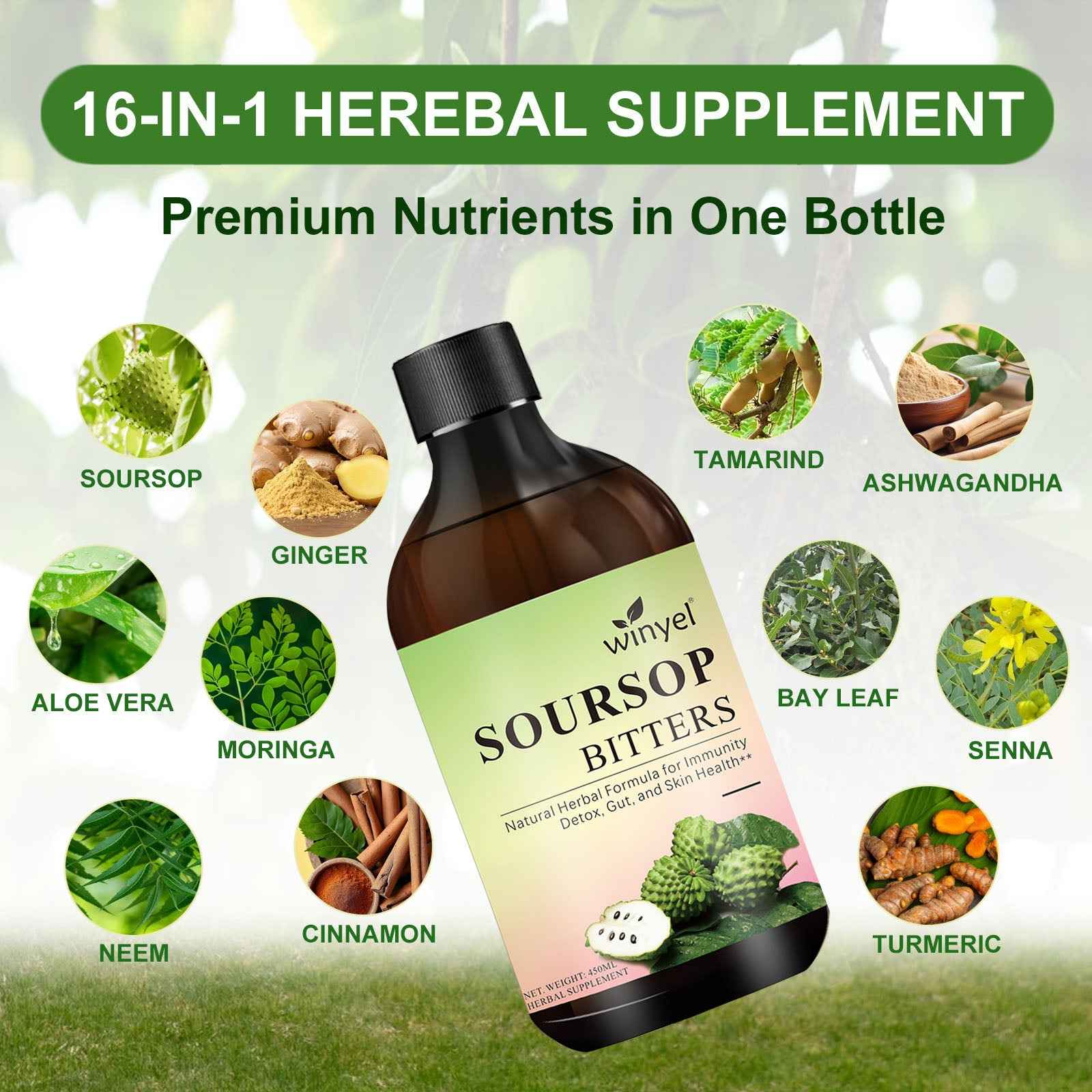 Soursop Liquid Contains Black Seeds, Moringa, And Turmeric, And Is Beneficial For Digestion And Gut Health, As Well As Providing Antioxidants, Skin Health, And Immune Support. It's A Pure 16-herb Form (450ml-15oz)