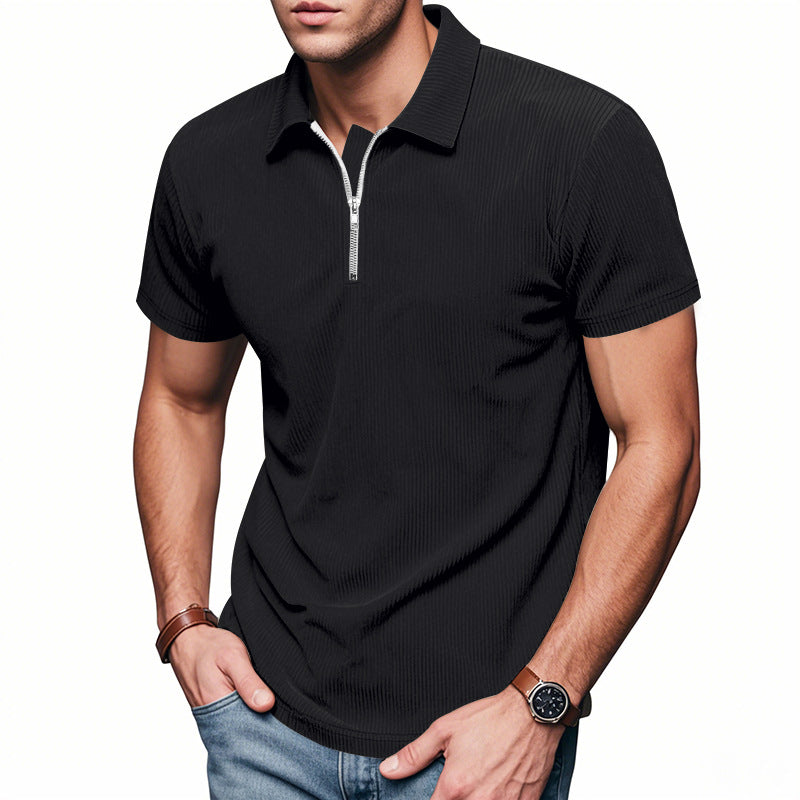 Mens Loose Corduroy Half-Zip Polo Short-Sleeve T-Shirt - Shop NCLC