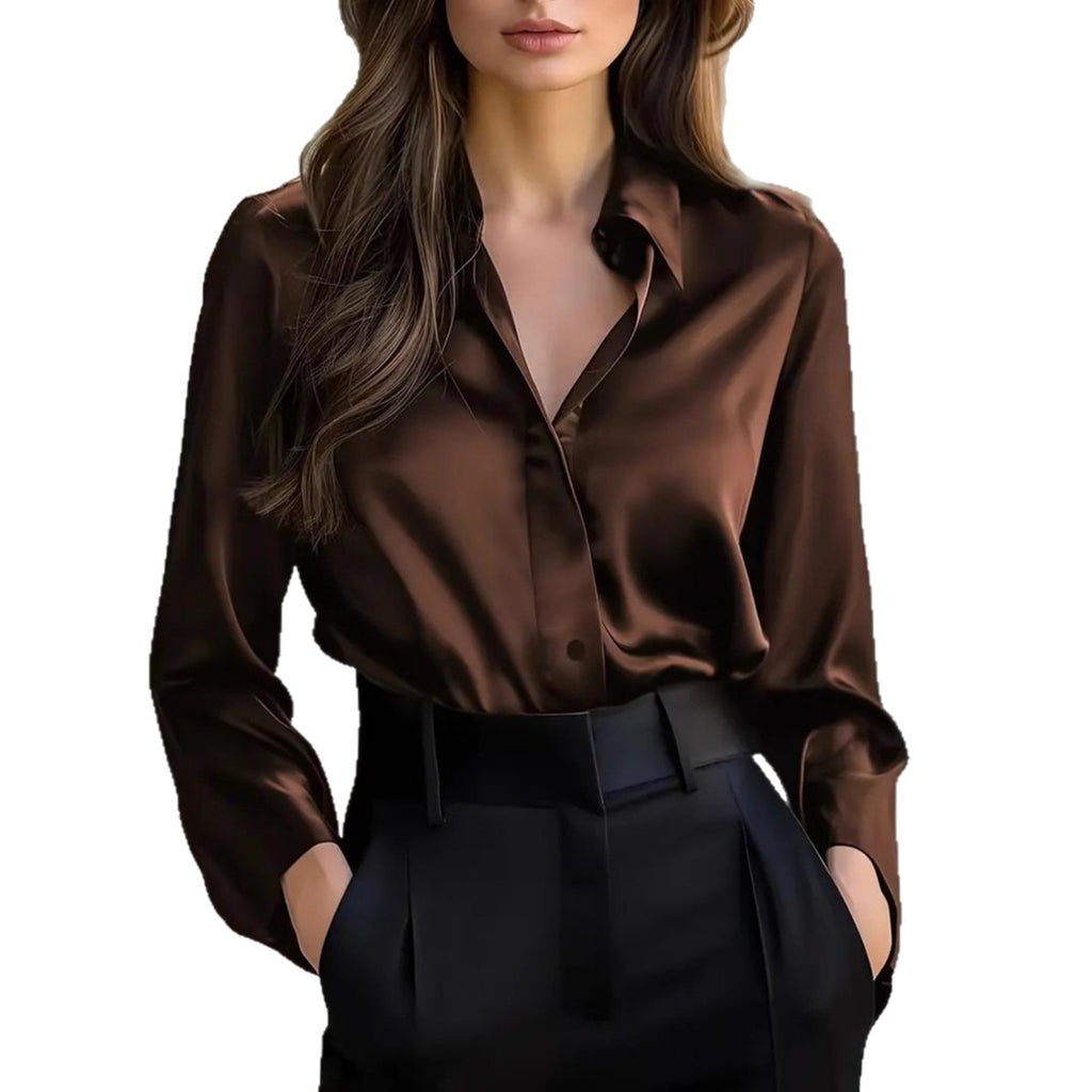 Elegant Satin Long Sleeve Blouse For Women Button-Up Collar Shirt Perfect For Casual Professional Business Work Wear Women's Clothing - Shop NCLC
