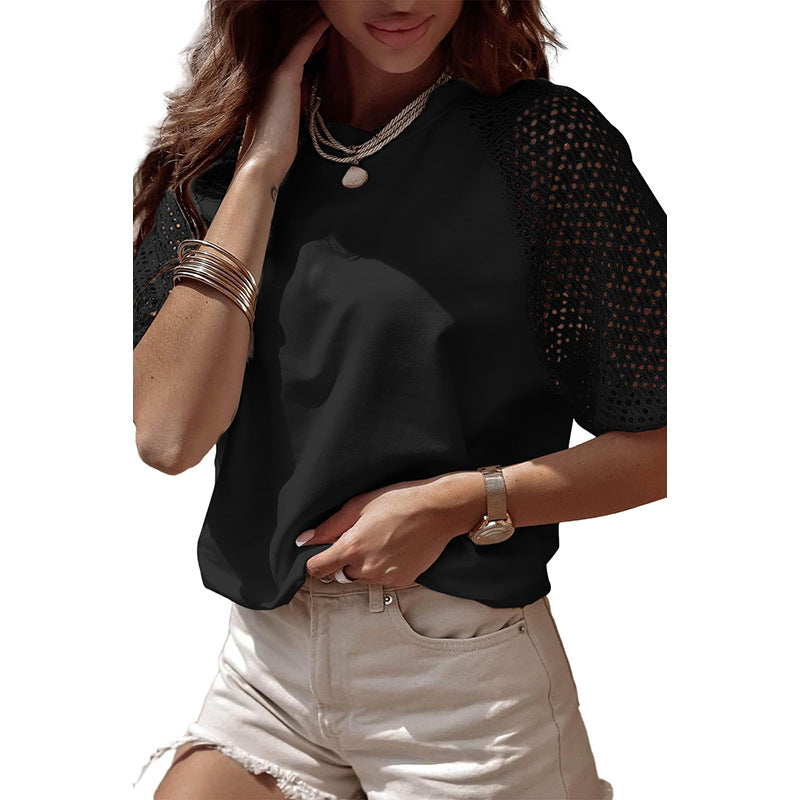 Women's Solid Color Casual Style Lace Stitching Loose Short Sleeve - Shop NCLC