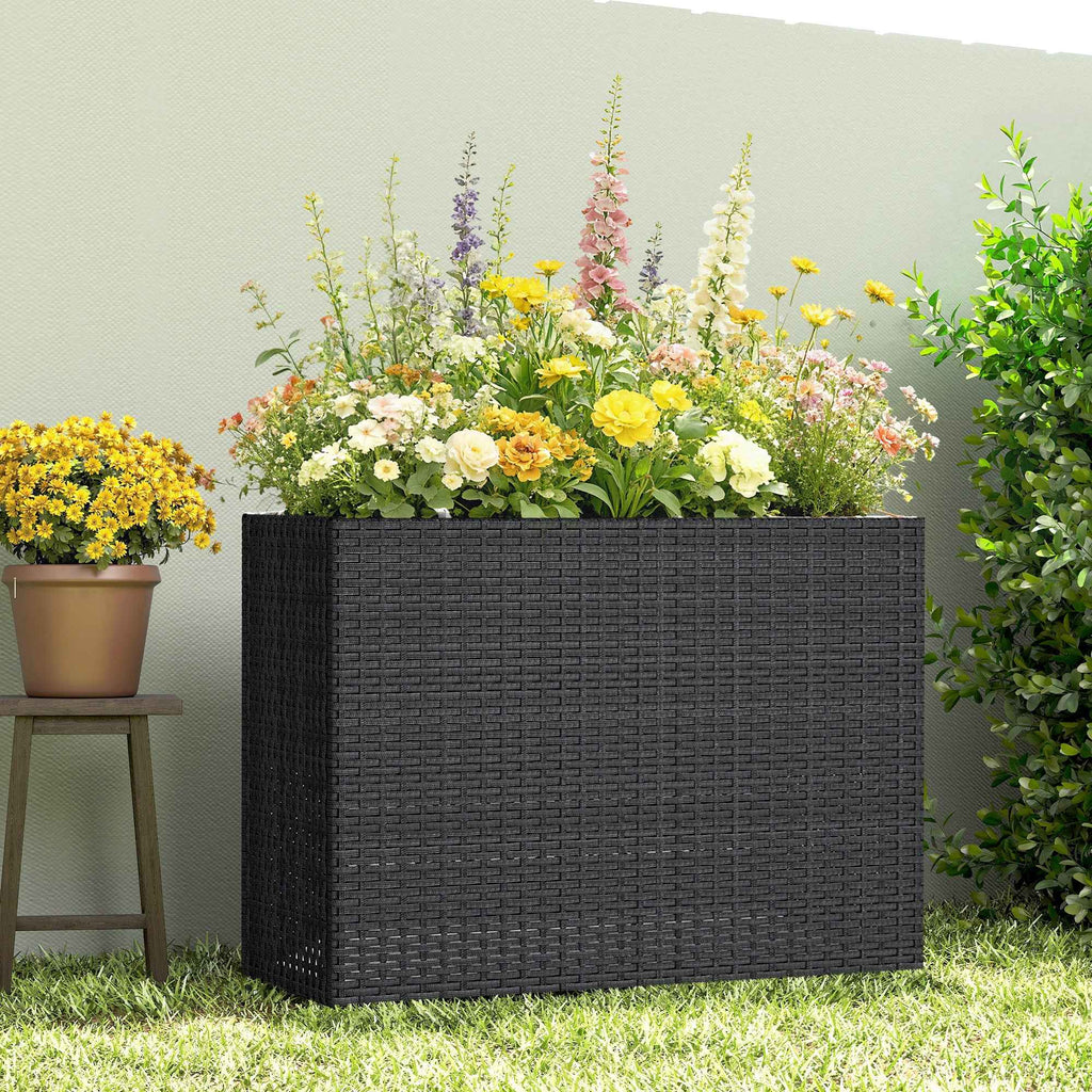 Tall Rectangular Planter with Removable Liner, Holes, PE Wicker Large Planter Box for Indoor Outdoor Plants, Black