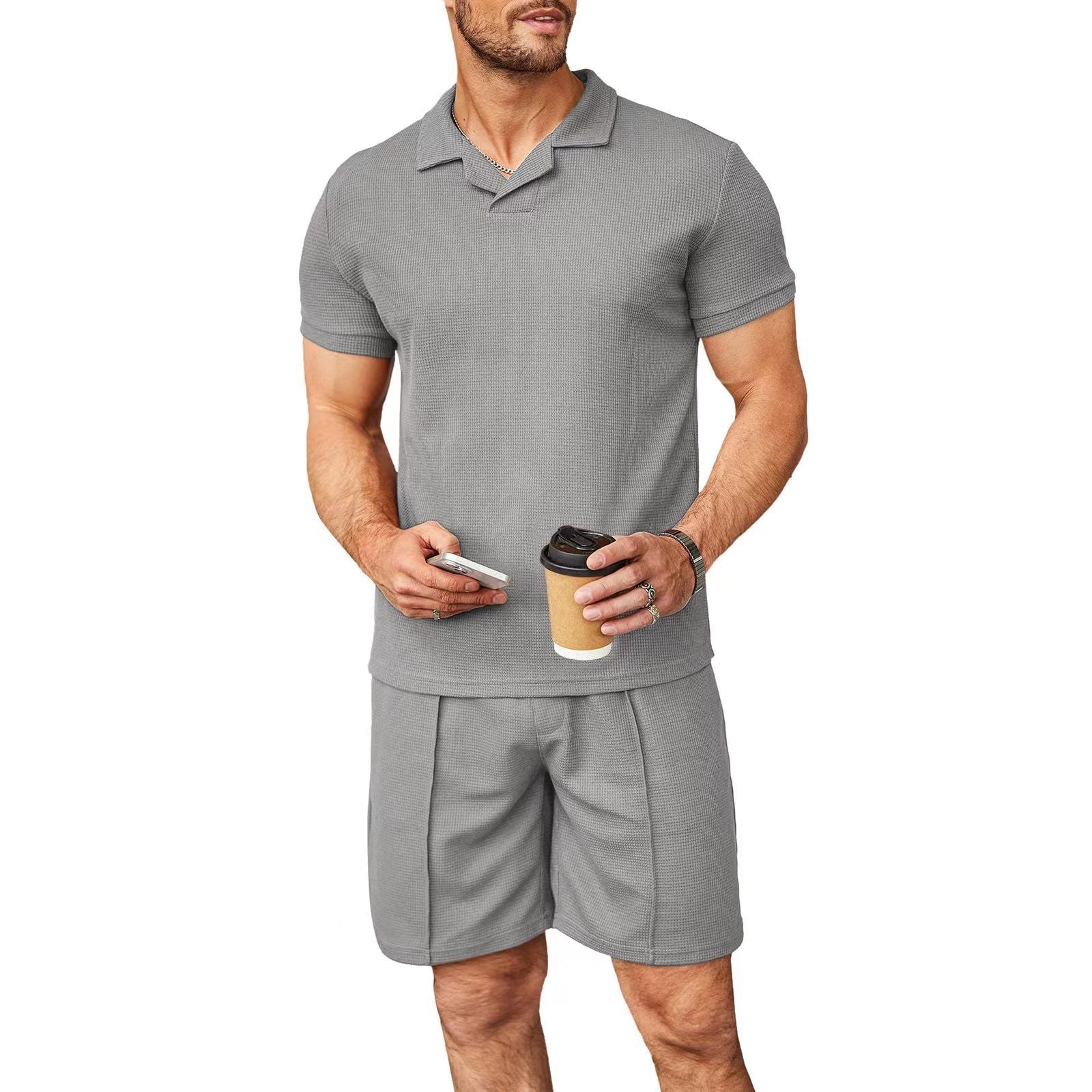2pcs Set Men V Neck Polo Shirt Lapel Short Sleeve Men's Suit Waffle Style Casual Fashion T-Shirt Summer - Shop NCLC