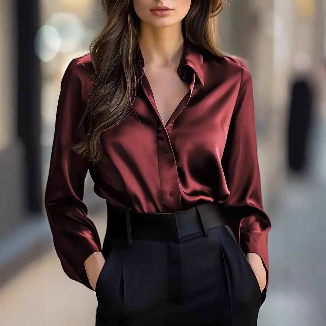 Elegant Satin Long Sleeve Blouse For Women Button-Up Collar Shirt Perfect For Casual Professional Business Work Wear Women's Clothing - Shop NCLC