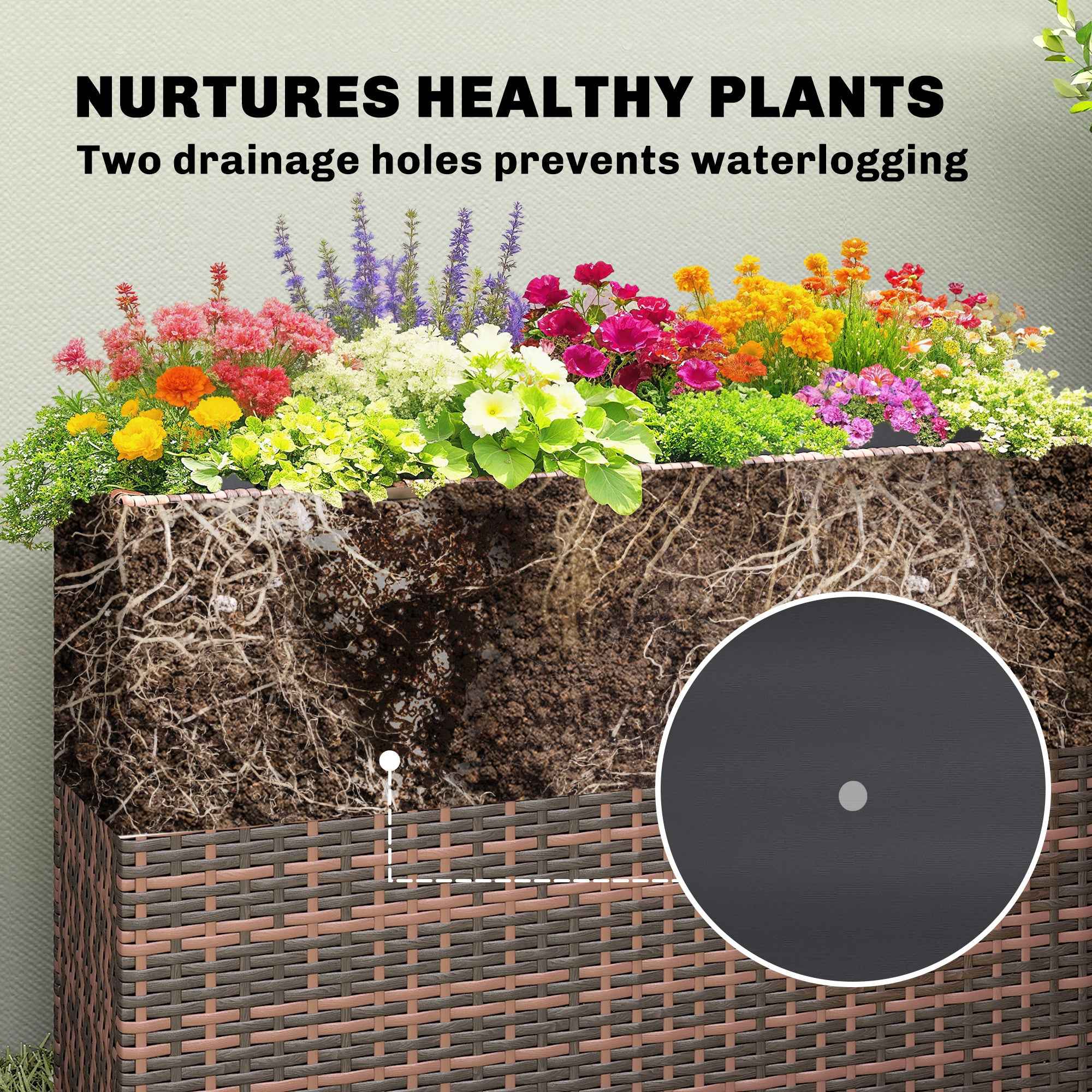 Tall Rectangular Planter with Removable Liner, Holes, PE Wicker Large Planter Box for Indoor Outdoor Plants, Brown