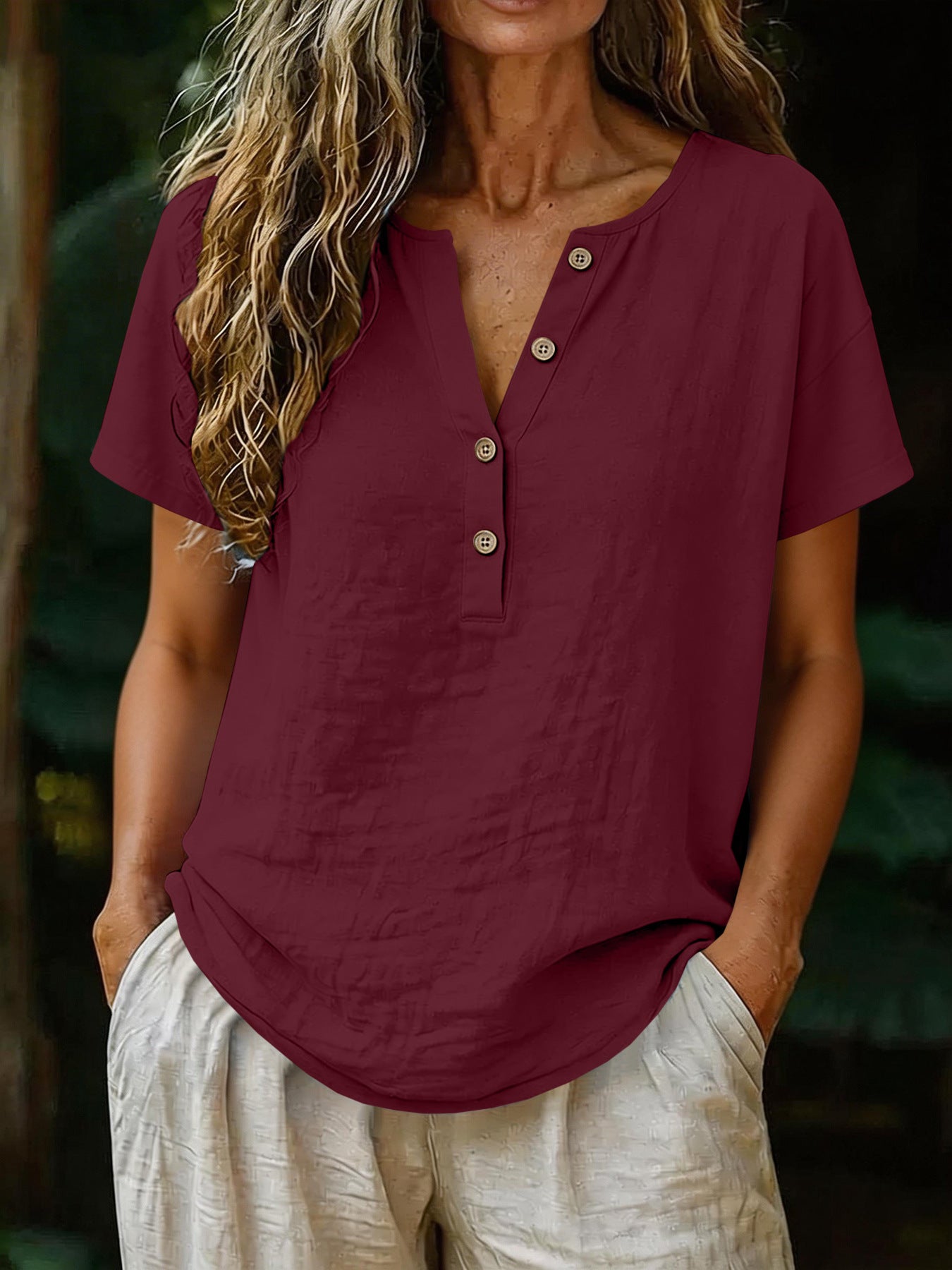 Women's Casual Solid Color Cotton-Linen Short-Sleeve - Shop NCLC