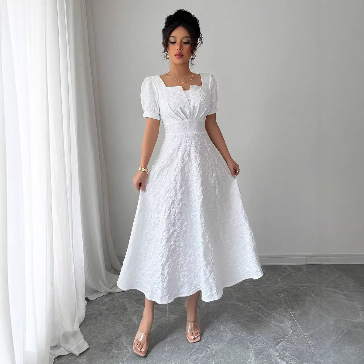 Elegant Jacquard Solid Color Puff Sleeve Square Neck Dress For Women - Shop NCLC