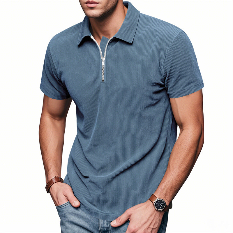 Mens Loose Corduroy Half-Zip Polo Short-Sleeve T-Shirt - Shop NCLC