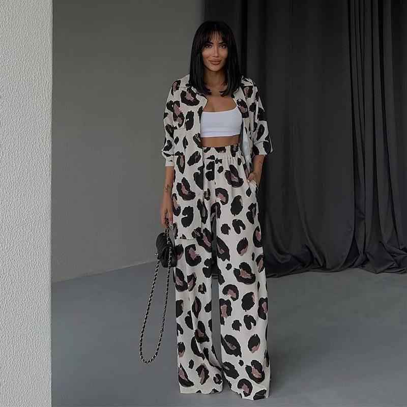 Printed Design Long-sleeved Shirt Wide-leg Pants Women's Two-piece Set