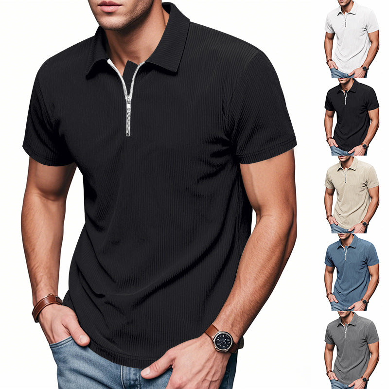 Mens Loose Corduroy Half-Zip Polo Short-Sleeve T-Shirt - Shop NCLC