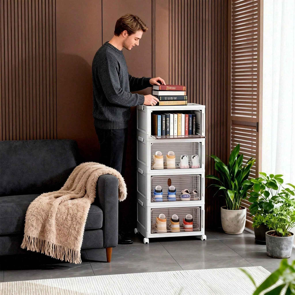 Stackable Shoe Storage Rack, Plastic Cabinet With Clear Doors For Home Use
