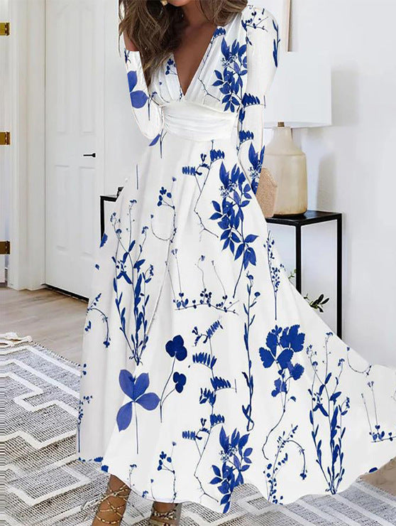 Fall V-neck Long Sleeve Printed Women Dress Women - Shop NCLC