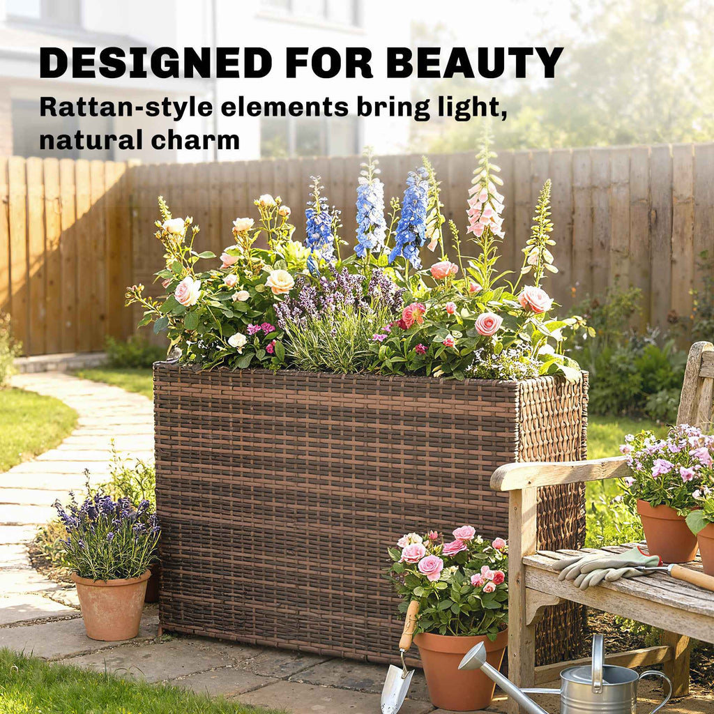 Tall Rectangular Planter with Removable Liner, Holes, PE Wicker Large Planter Box for Indoor Outdoor Plants, Brown