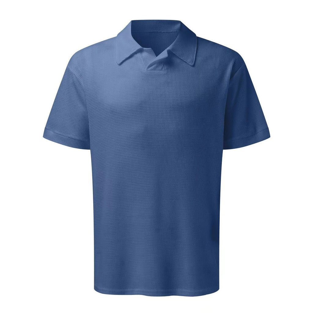 2pcs Set Men V Neck Polo Shirt Lapel Short Sleeve Men's Suit Waffle Style Casual Fashion T-Shirt Summer - Shop NCLC