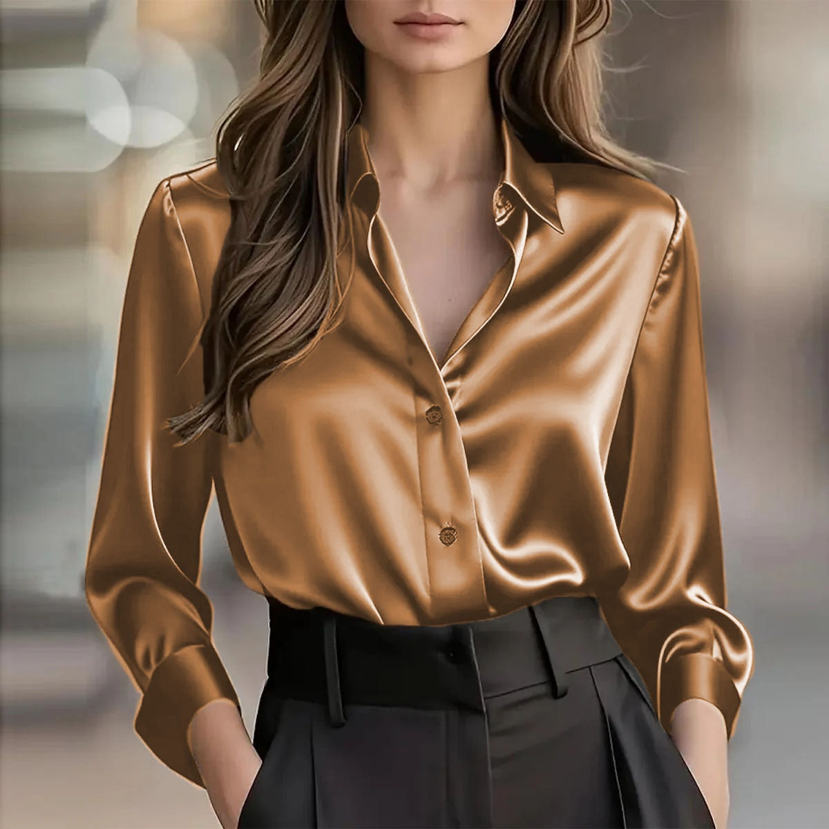 Elegant Satin Long Sleeve Blouse For Women Button-Up Collar Shirt Perfect For Casual Professional Business Work Wear Women's Clothing - Shop NCLC