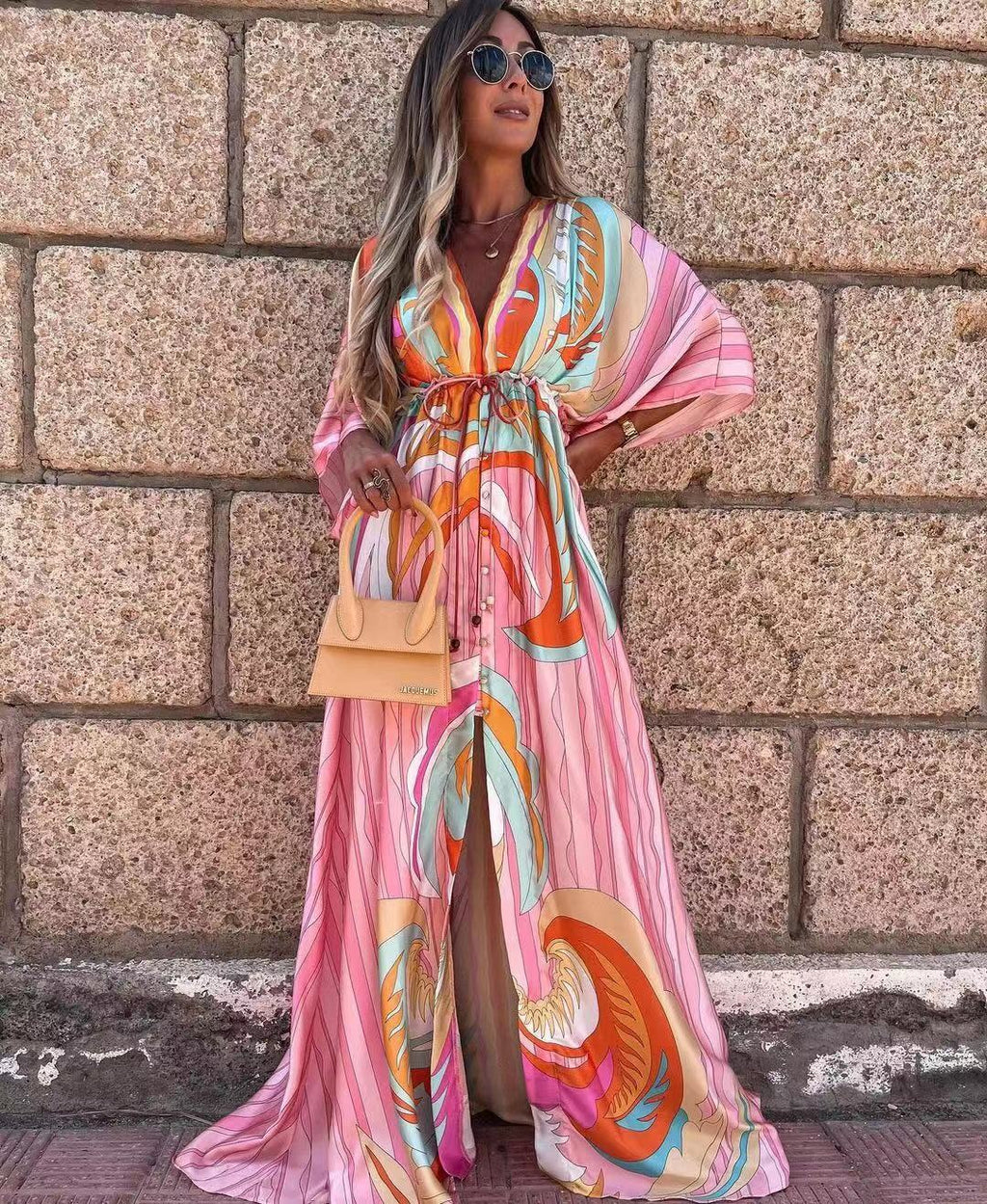 New women's V-neck short sleeve printed long dress - Shop NCLC
