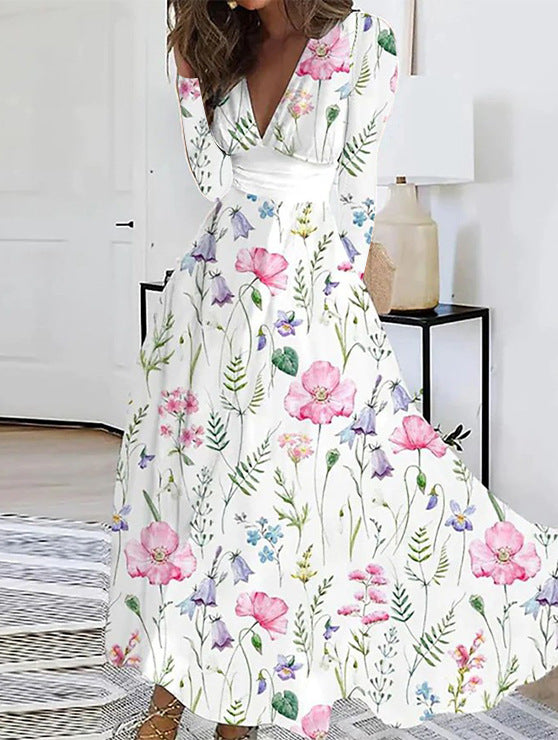 Fall V-neck Long Sleeve Printed Women Dress Women - Shop NCLC