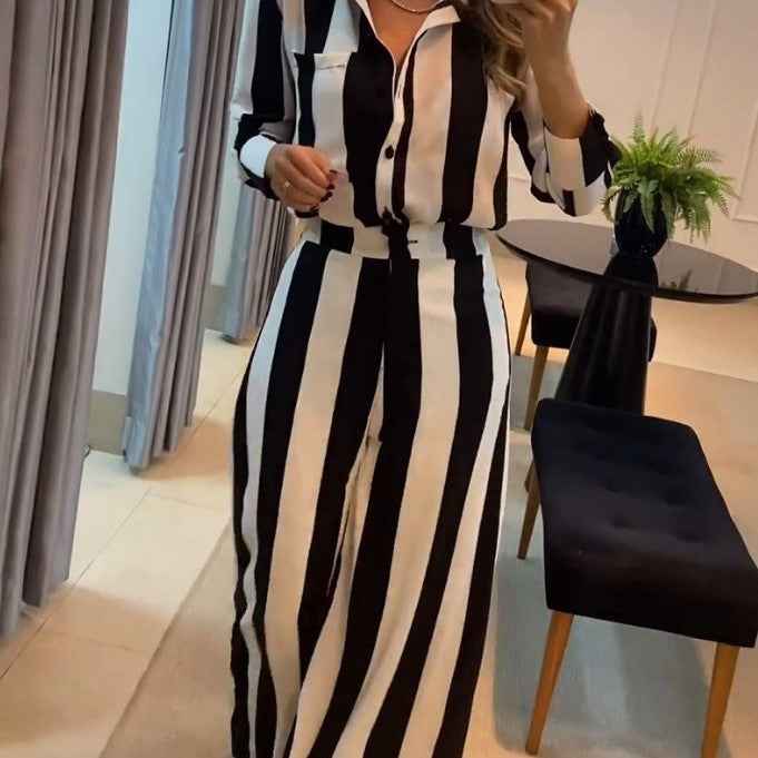 Women's Fashion Striped Pocket Design Shirt Wide Leg Pants Suit
