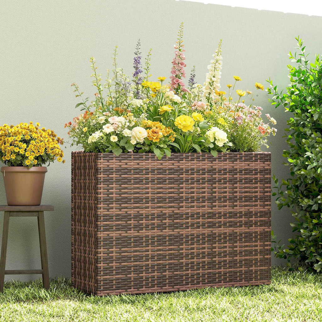 Tall Rectangular Planter with Removable Liner, Holes, PE Wicker Large Planter Box for Indoor Outdoor Plants, Brown