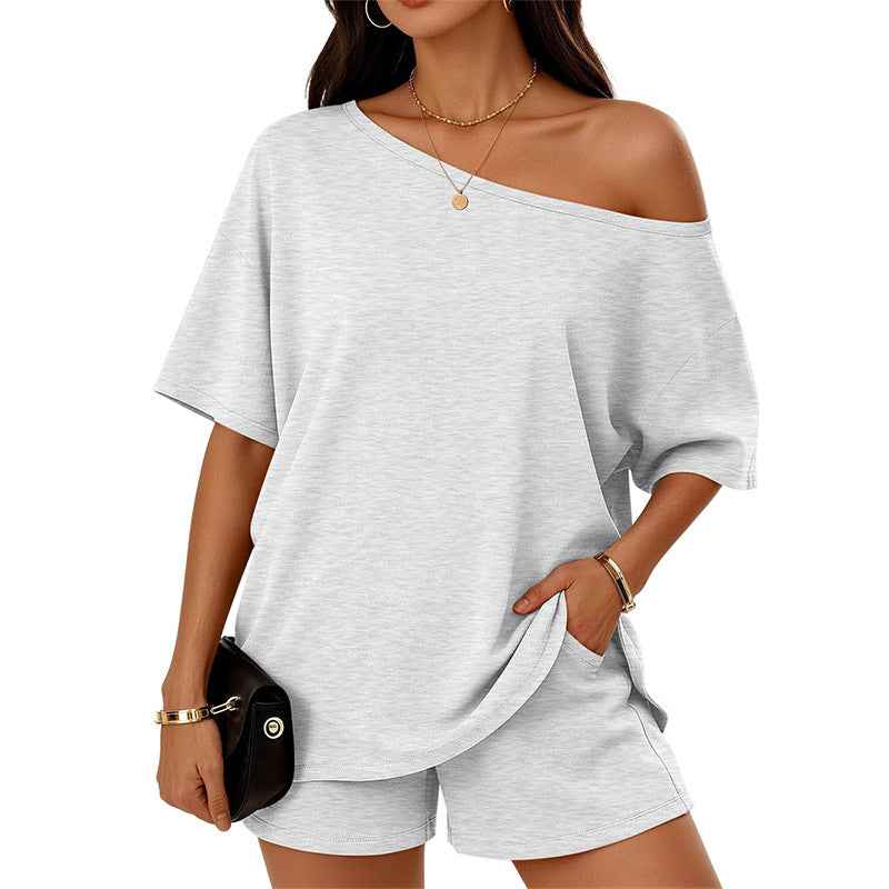Womens 2-piece Fashionable Casual Set Off The Shoulder Top And Shorts  For Loungewear Daily Wear Work Gym Outfit