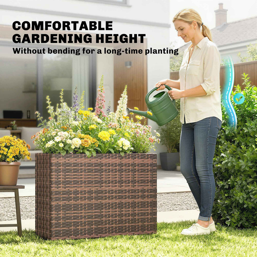 Tall Rectangular Planter with Removable Liner, Holes, PE Wicker Large Planter Box for Indoor Outdoor Plants, Brown
