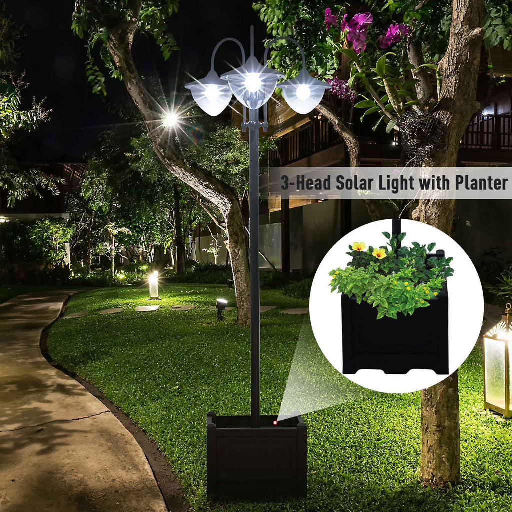 74.5" 3-head Solar Lamp Post Street Light with Planter, Solar Pole Lights Outdoor Waterproof LED Lighting for Backyard Pathway Patio Lawn Driveway Decor, Black