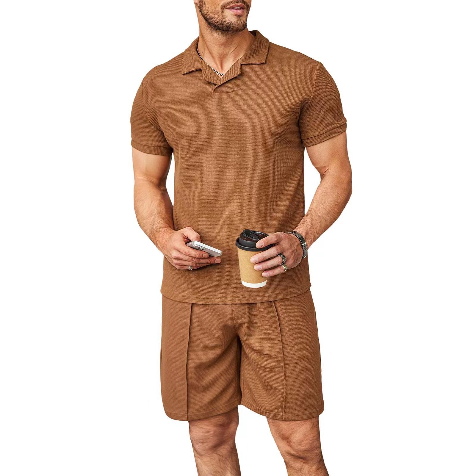 2pcs Set Men V Neck Polo Shirt Lapel Short Sleeve Men's Suit Waffle Style Casual Fashion T-Shirt Summer - Shop NCLC