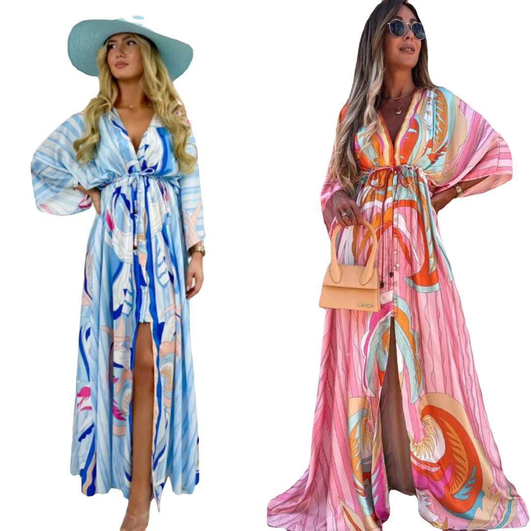 New women's V-neck short sleeve printed long dress - Shop NCLC