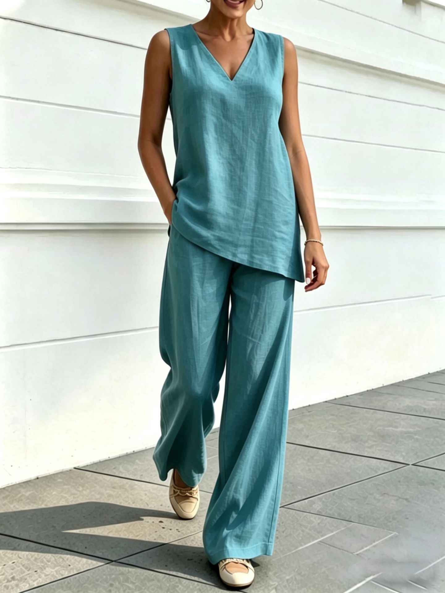 Womens V-neck Sleeveless Cotton-Linen Top And Wide-Leg Pants Set