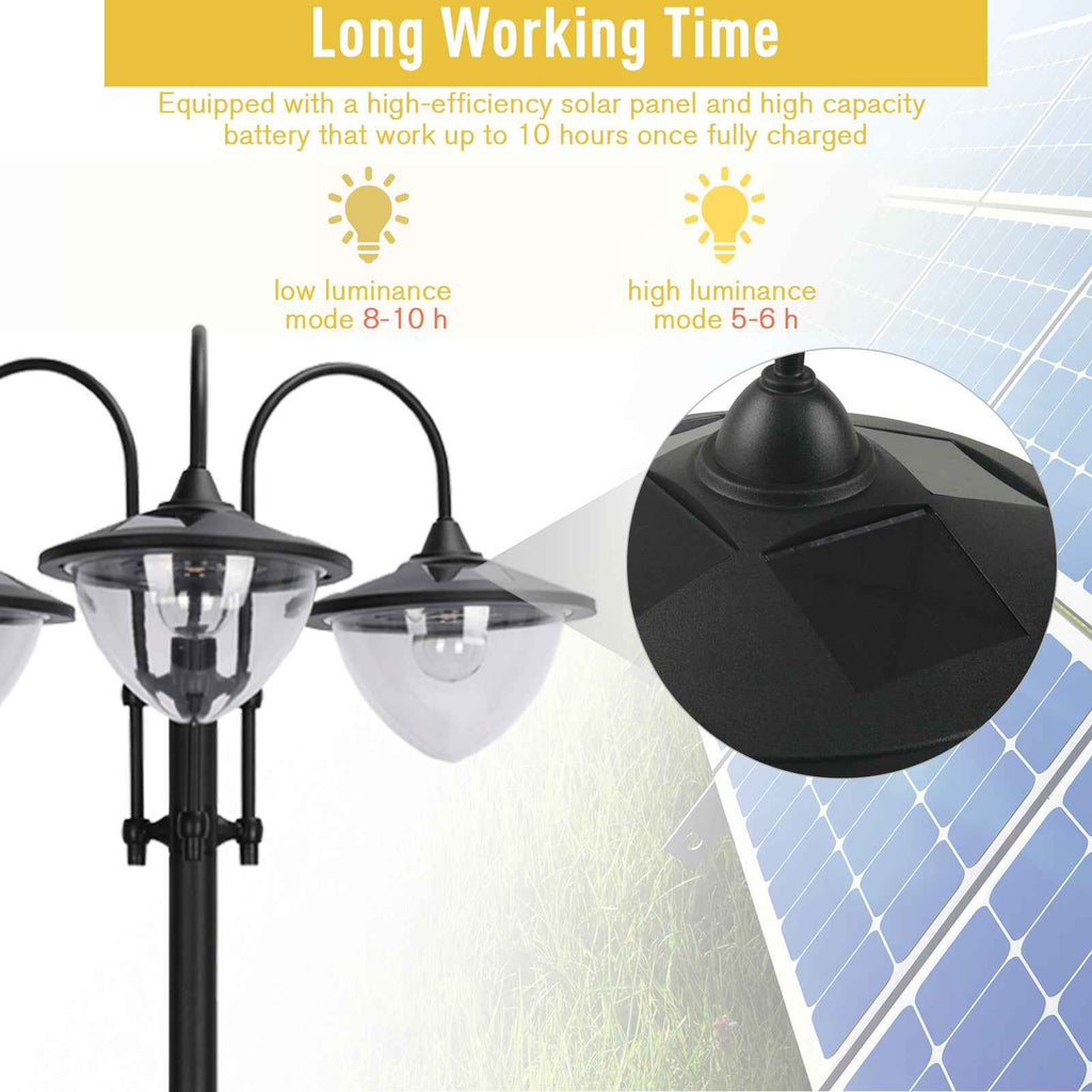 74.5" 3-head Solar Lamp Post Street Light with Planter, Solar Pole Lights Outdoor Waterproof LED Lighting for Backyard Pathway Patio Lawn Driveway Decor, Black