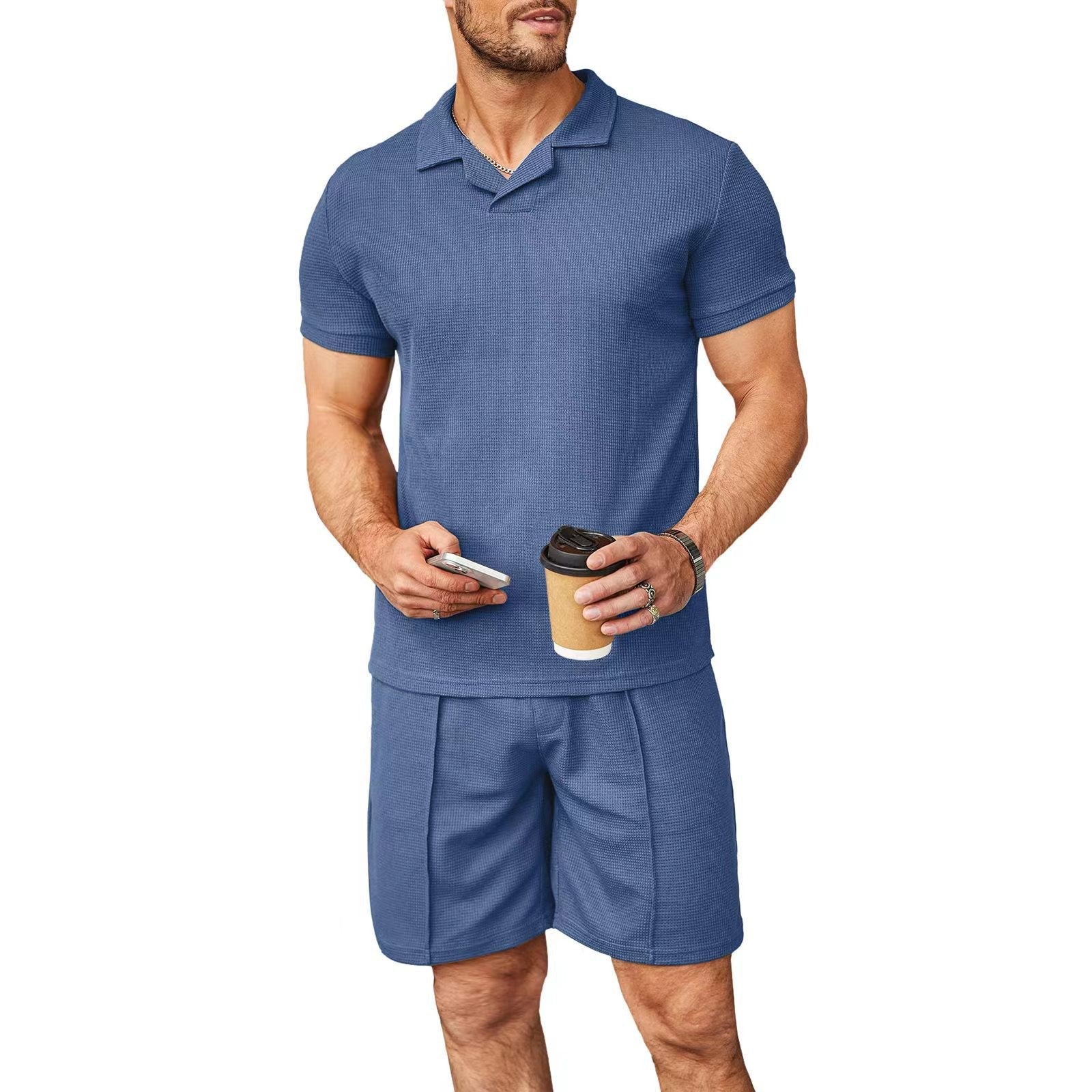 2pcs Set Men V Neck Polo Shirt Lapel Short Sleeve Men's Suit Waffle Style Casual Fashion T-Shirt Summer - Shop NCLC